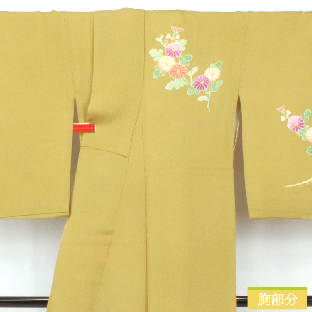 訪問着 正絹 袷 身丈155.5cm 裄丈67.5cm 唐金色(からかねいろ) 京友禅 ちりめん地 草花模様 Aランク 緑系 1112005953319
