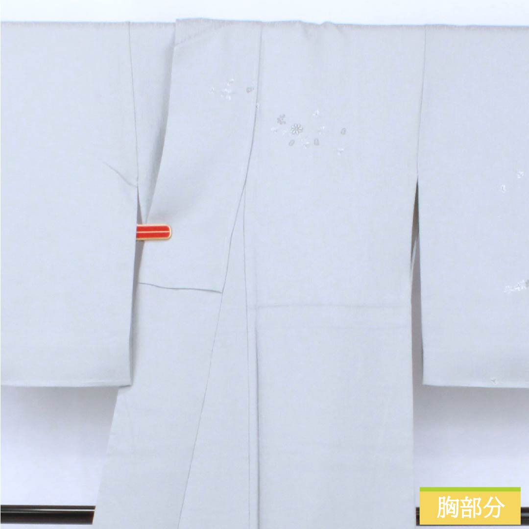 訪問着 正絹 Bランク 袷 身丈168cm 裄丈62cm 白銅色(はくどういろ) 蘇州刺繡 草花 流水 しつけ糸付き グレー系 1112007524522