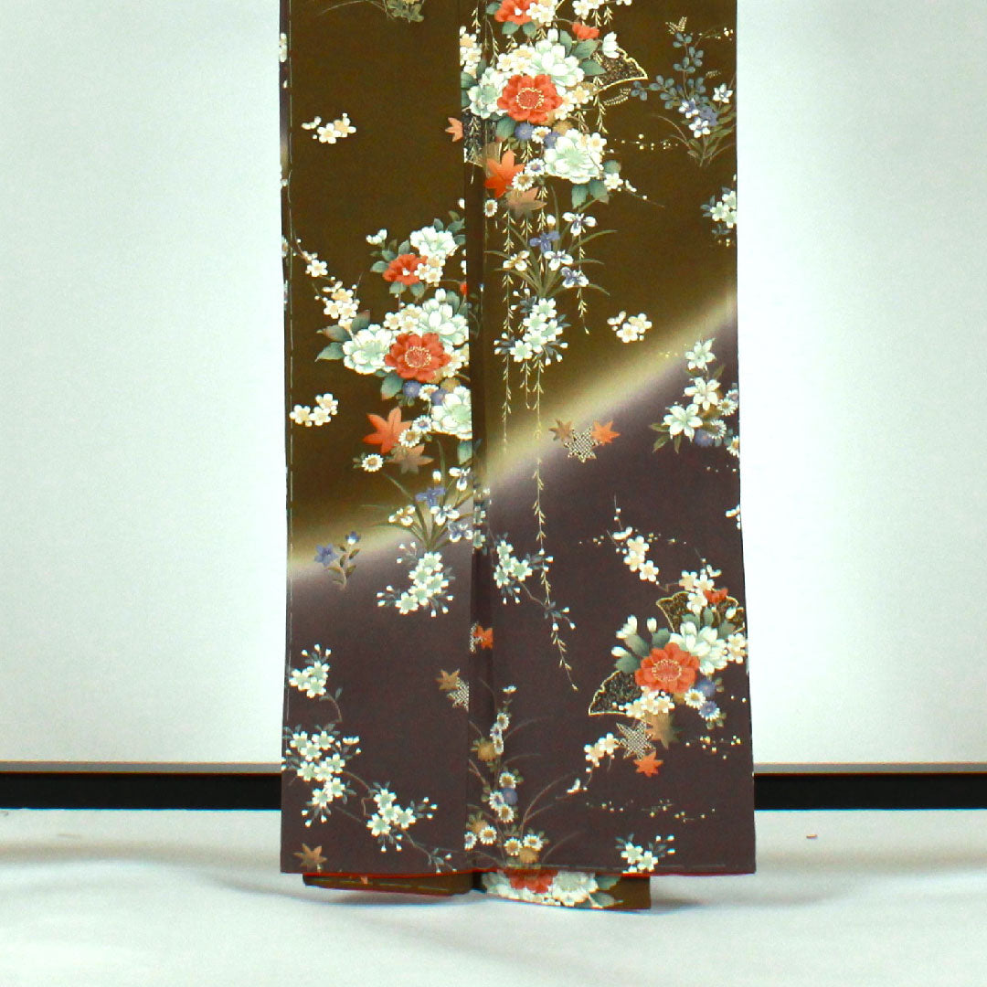 小紋 身丈164cm 裄丈67cm 袷 染め分け 草花模様 正絹 Sランク 緑系 1115001392419