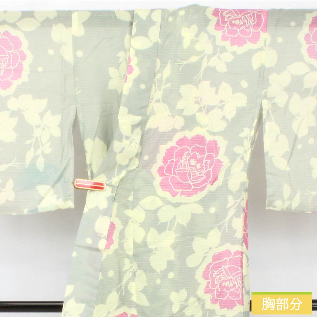 (Brand new, unused) Yukata (casual kimono) made of polyester, length 162.5cm, sleeve length 66.5cm, new rank, single layer, grayish-gray, light ink color (usuzumiiro), floral print, buttons, product number 1118005701422