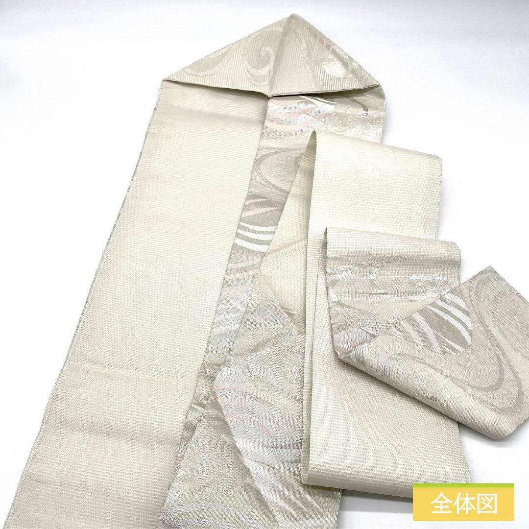 Nagoya Obi, Pure Silk, Kanze Ryusui Design, Summer Obi, Dried Leaf Pattern, Wave Pattern, Length 372cm, Rank B, Six-Ply, Semi-Formal, Silver, 1124008754322, Nagoya Style