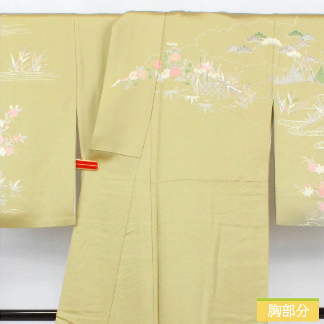 訪問着 正絹 Aランク 袷 身丈171.5cm 裄丈69cm 玉子鼠色(たまごねずいろ) 京友禅 網干 風景模様 黄系 1112006093623