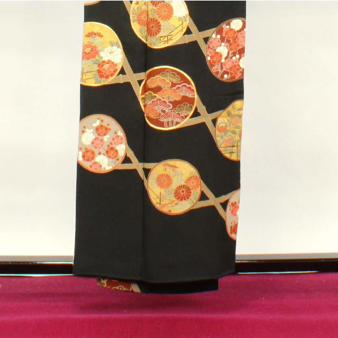 Black formal kimono, length 156.5cm, sleeve length 61cm, lined, Kyoto Yuzen, pine, bamboo, plum, quince, pure silk, S rank, five crests, black, 1111000682310