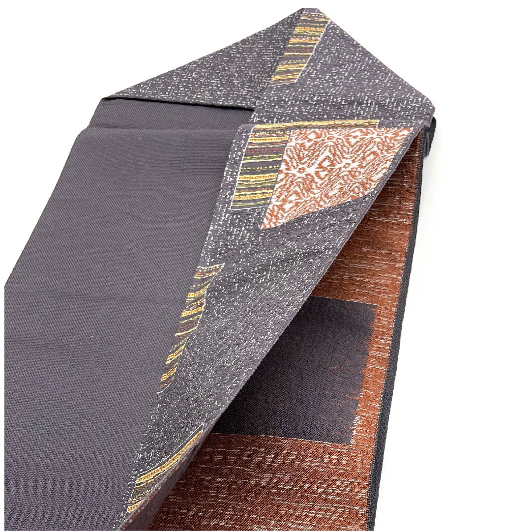 Nagoya Obi, Fujisuto Bamboo Color, Abstract Square Pattern, Length 367cm, Polyester, S Rank, Six-Ply, Casual, Gray, 1124003782322, Nagoya Obi Style