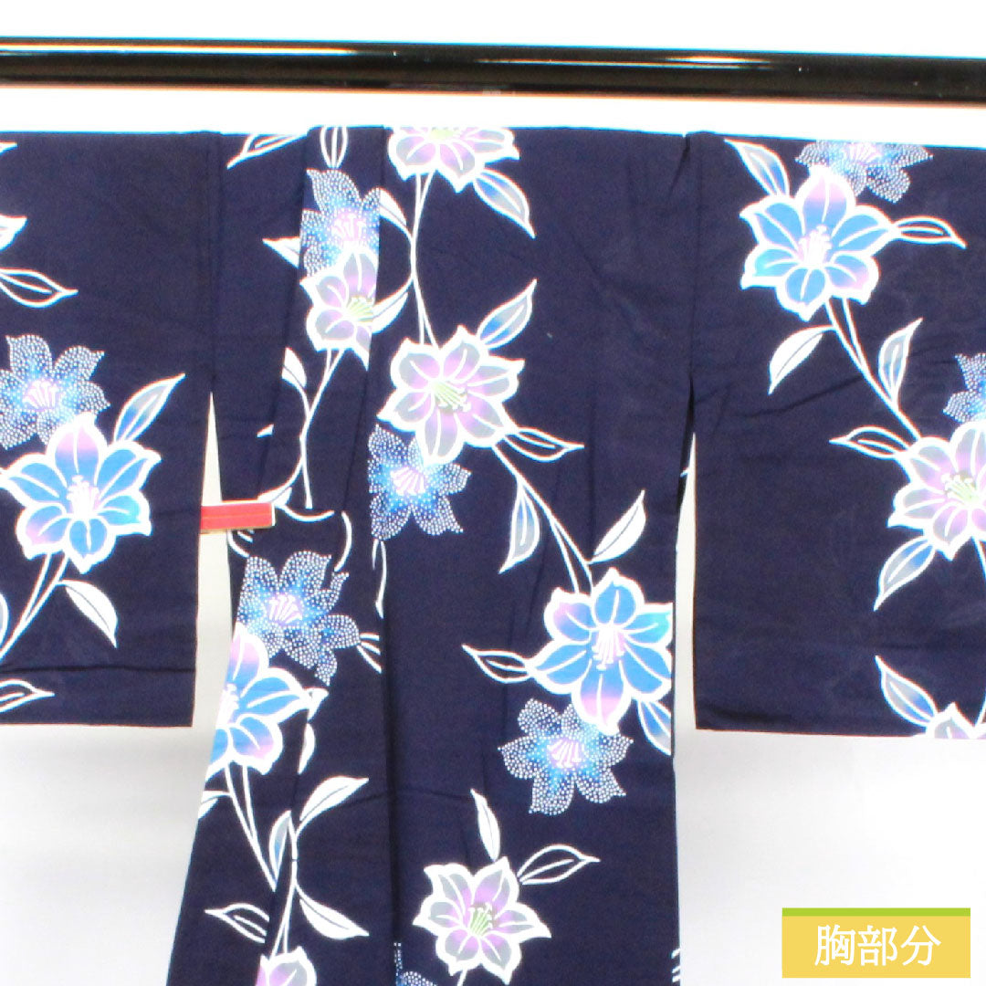 Yukata Cotton Length 153.5cm Sleeve length 67.5cm S rank Single layer Navy blue Camellia 1118004802218