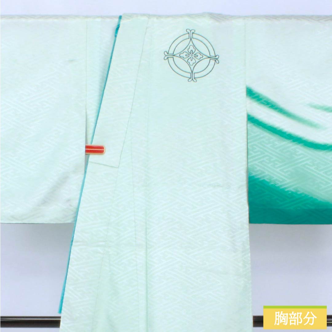 訪問着 ポリエステル Aランク 胴抜き 身丈156cm 裄丈64cm 薄水色(うすみずいろ) 半衿付き 踊り衣装 紗綾形 緑系 1112006383319