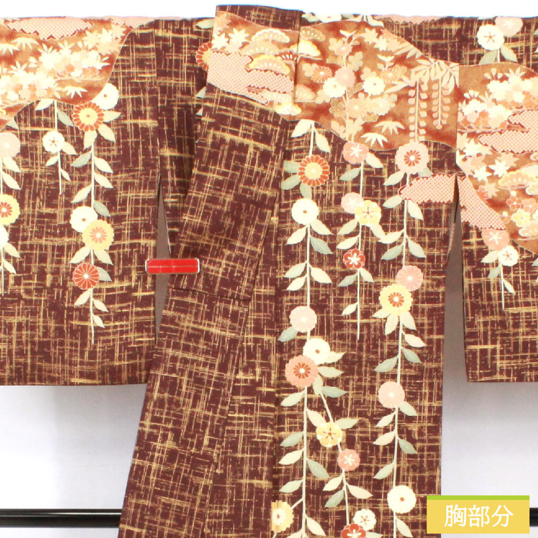 訪問着 正絹 袷 身丈170.5cm 裄丈63.5cm 黒紅梅色(くろこうばいいろ) 京友禅 松竹梅 菊 Sランク 茶系 1112004982614