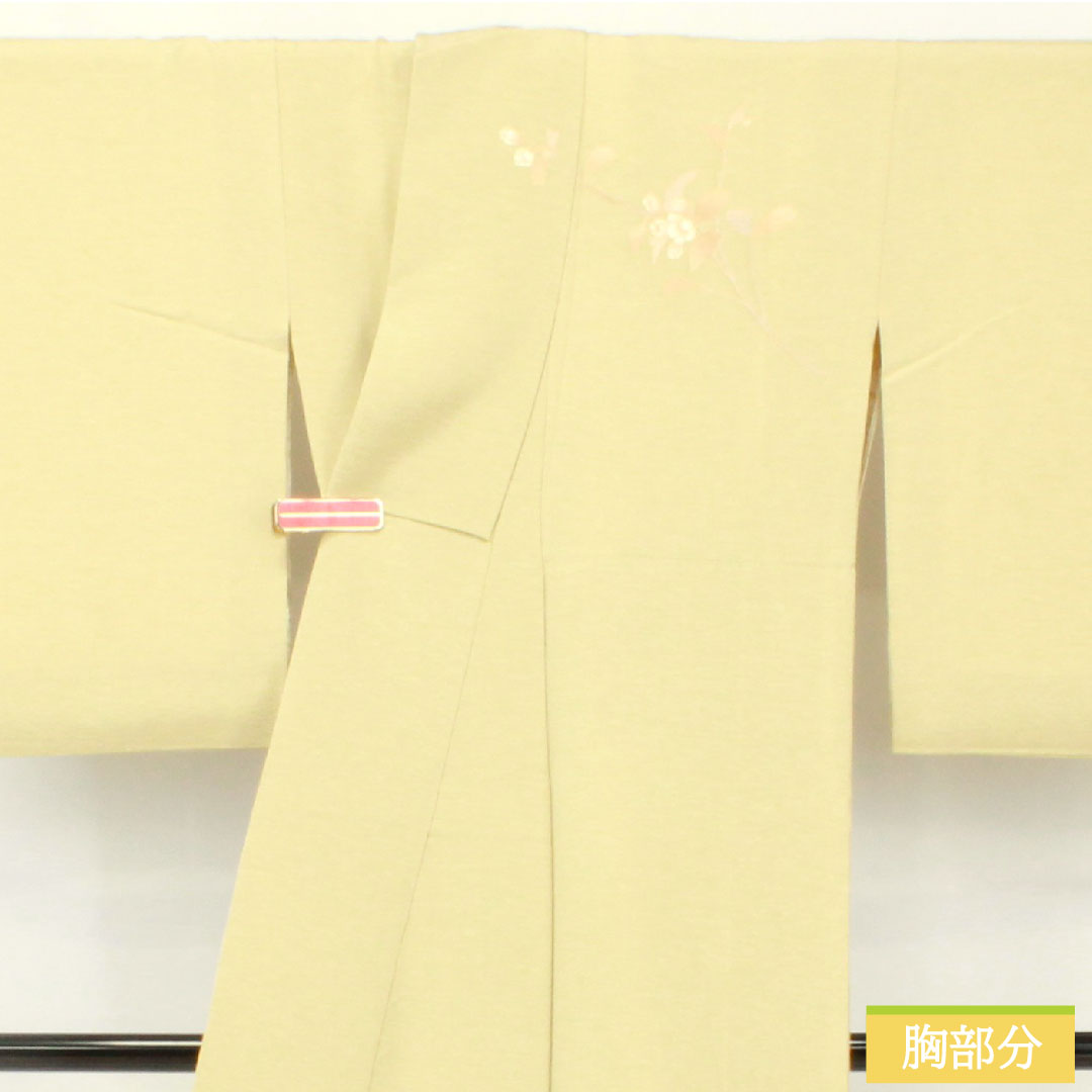 訪問着 正絹 袷 身丈151cm 裄丈61cm 硫黄色)いおういろ) 京友禅 草花模様 一つ紋 三ツ割藤 Aランク 緑系 1112005593219
