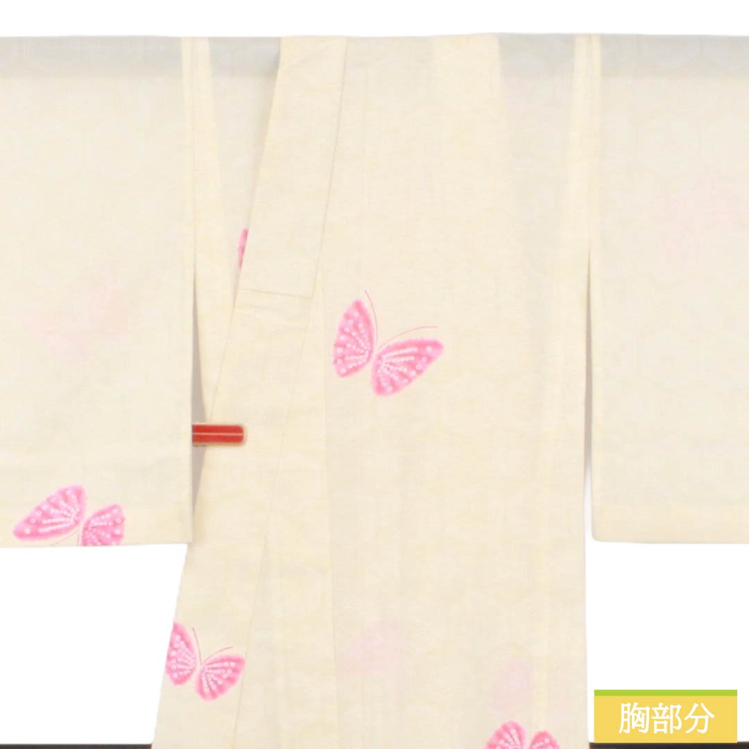 夏物 ポリエステル 小紋 Aランク 身丈158.5cm 裄丈66cm 乳白色(にゅうはくしょく) 蝶 亀甲 絽 クリーム系 1132004543315
