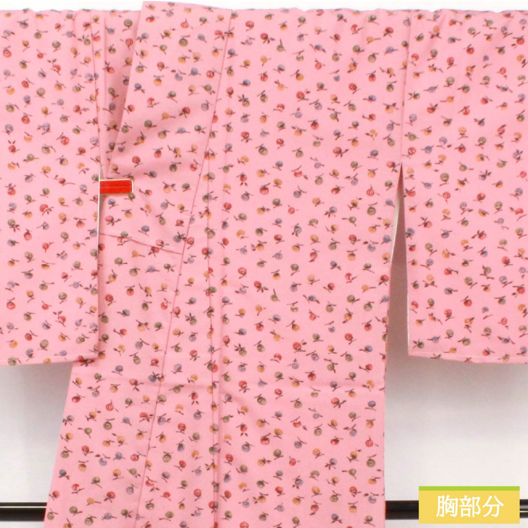Small pattern, polyester, length 160cm, sleeve length 67cm, lined, one-kin dyeing, stencil dyeing, washable kimono, fruit, with basting thread, S rank, pink, 1115005022413