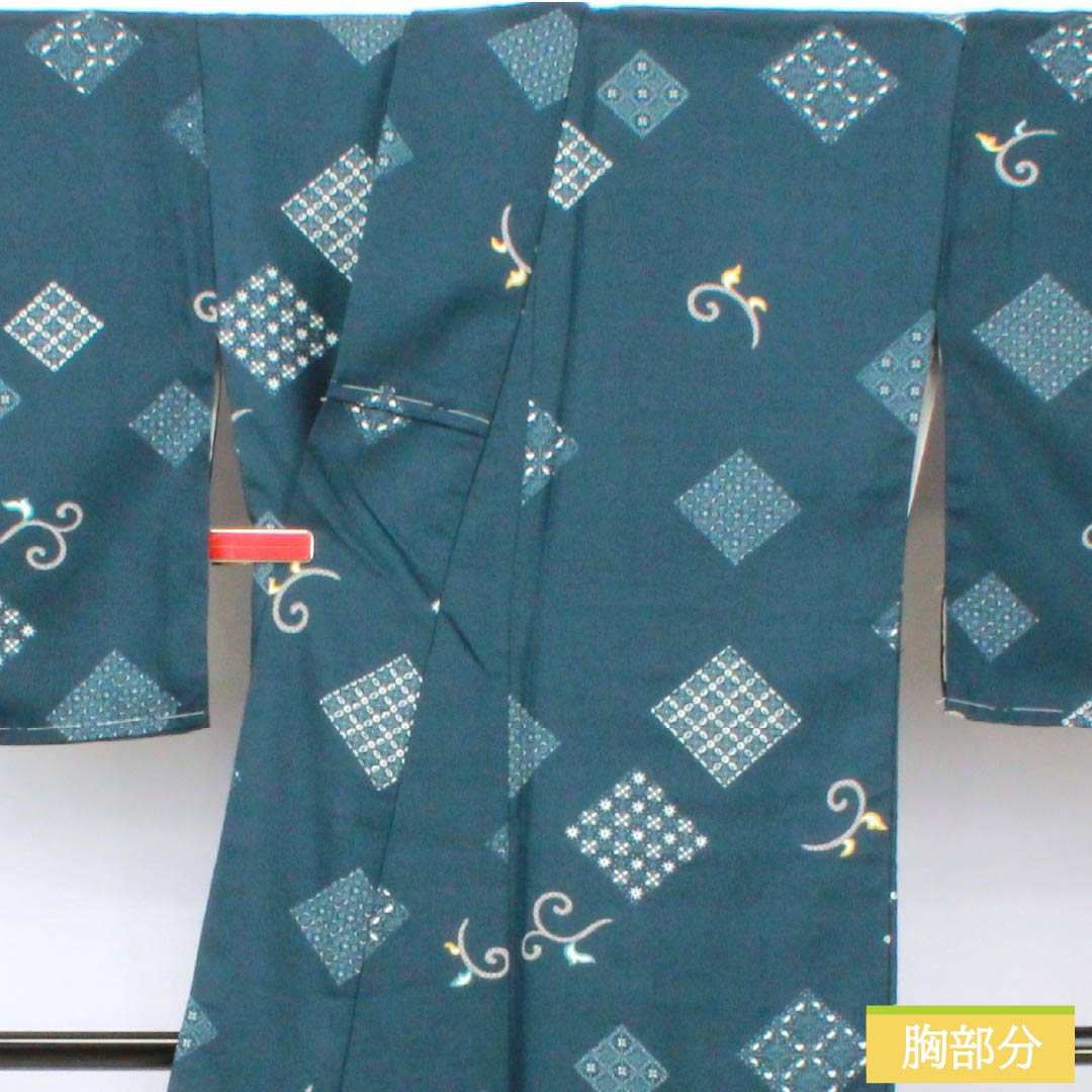 小紋 ポリエステル 身丈167.5cm 裄丈66cm 袷 深藍色(ふかあいいろ) 抽象模様 洗える着物 しつけ糸付き Sランク 紺系 1115006012518