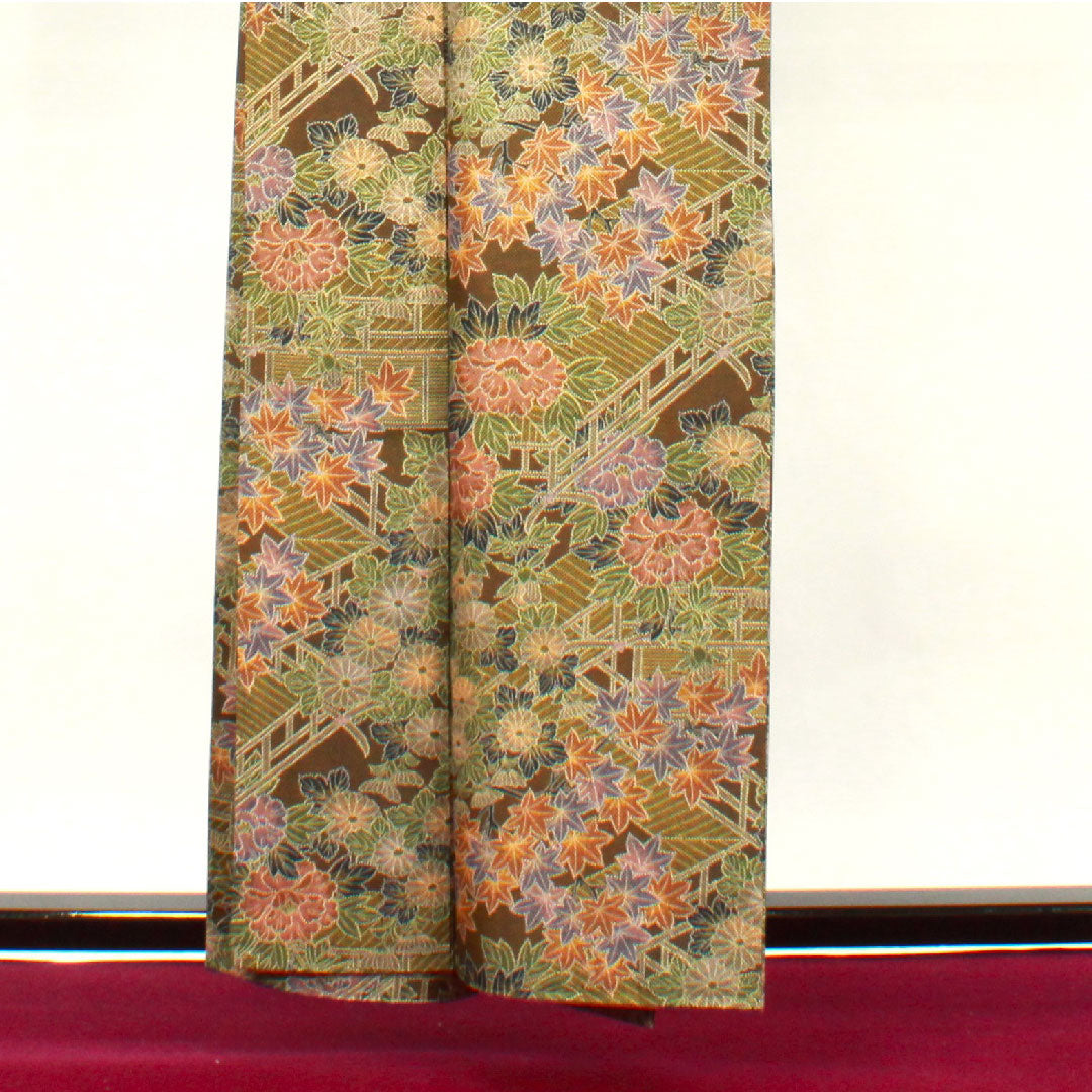 小紋 身丈158.5cm 裄丈64cm 袷 苦色 草花模様 正絹 Aランク 茶系 1115002723314