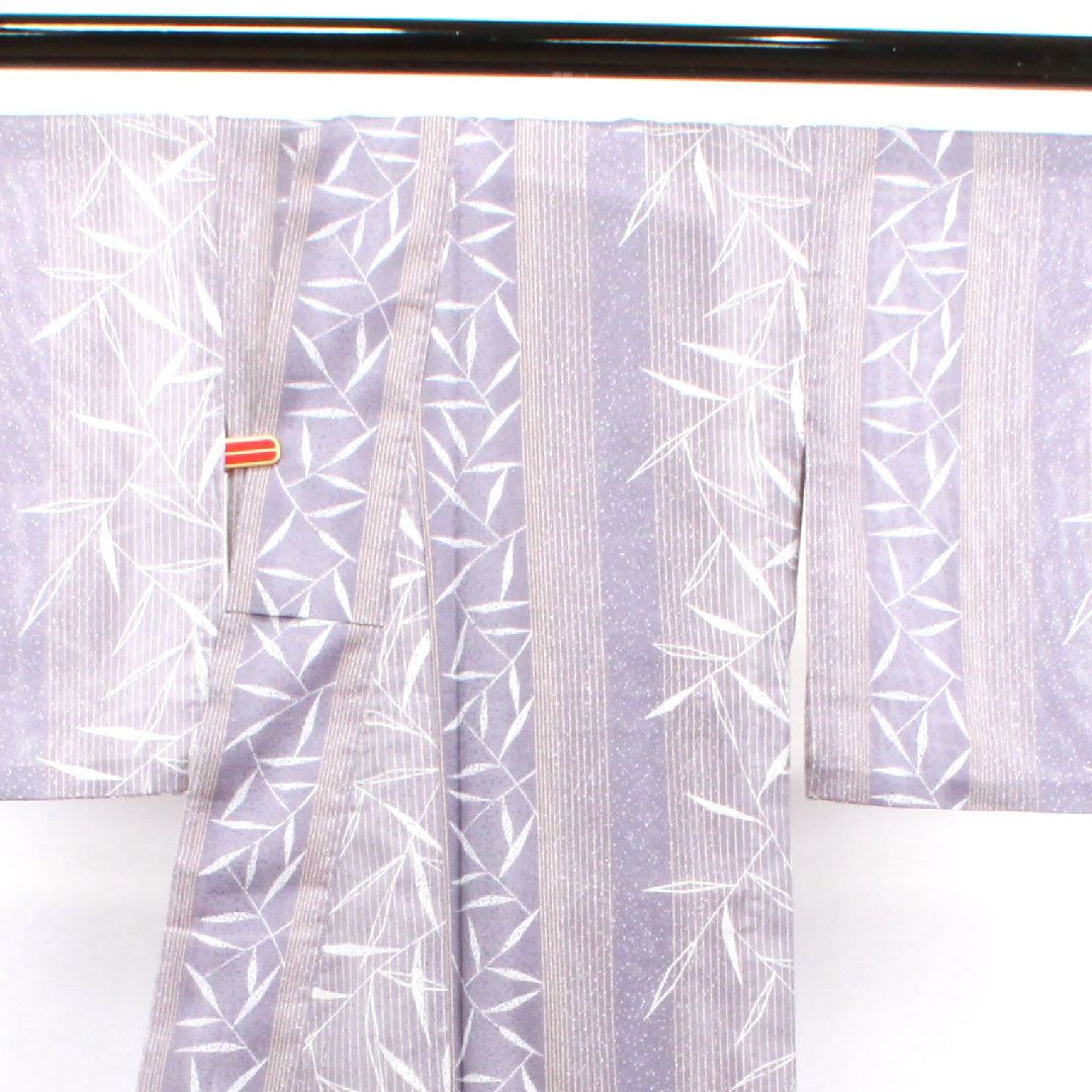 Summer kimono, polyester, small pattern, length 166cm, sleeve length 65cm, medium-light purple, bamboo leaves, stripes, washable kimono, silk, S rank, purple, 1132001482520