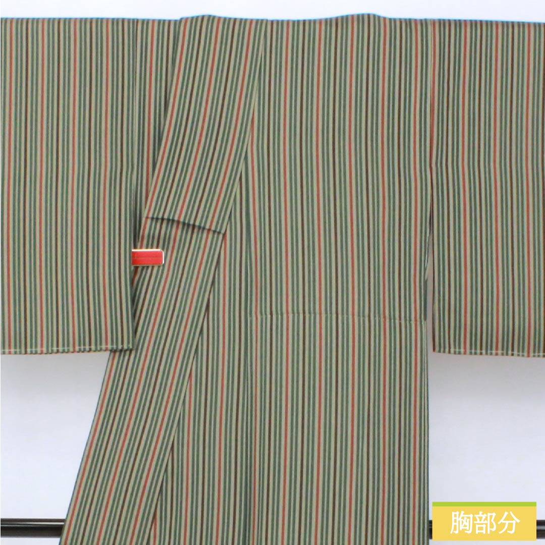小紋 正絹 Sランク 身丈152cm 裄丈64.5cm 袷 利休鼠色(りきゅうねずみいろ) 縞 しつけ糸付き 緑系 1115007682219