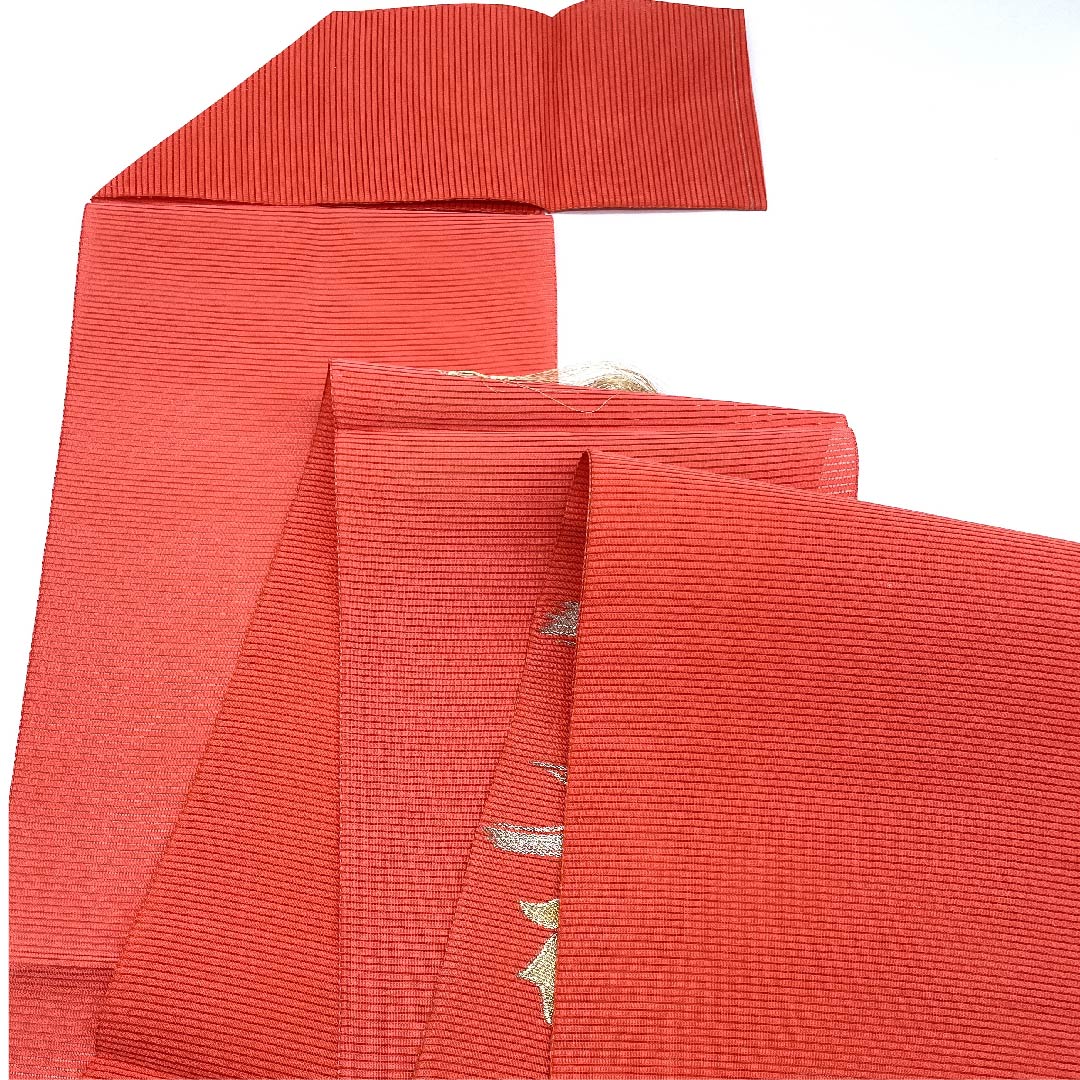 Nagoya obi, scarlet, summer obi, silk, flowing water, peony, obi length 344cm, pure silk, S rank, point pattern, semi-formal, vermilion, 1124004442316, pine needle style