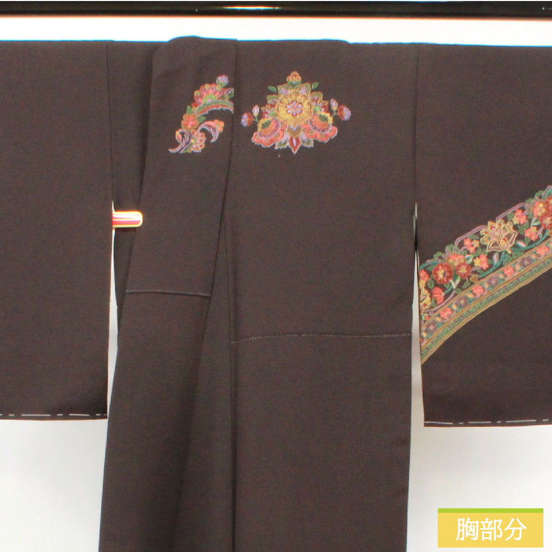 訪問着 正絹 袷 身丈167cm 裄丈67.5cm 蘇州刺繡 汕頭刺繡 しつけ糸付き 欧風文様 一つ紋 揚羽蝶 Sランク 茶系 1112003982514
