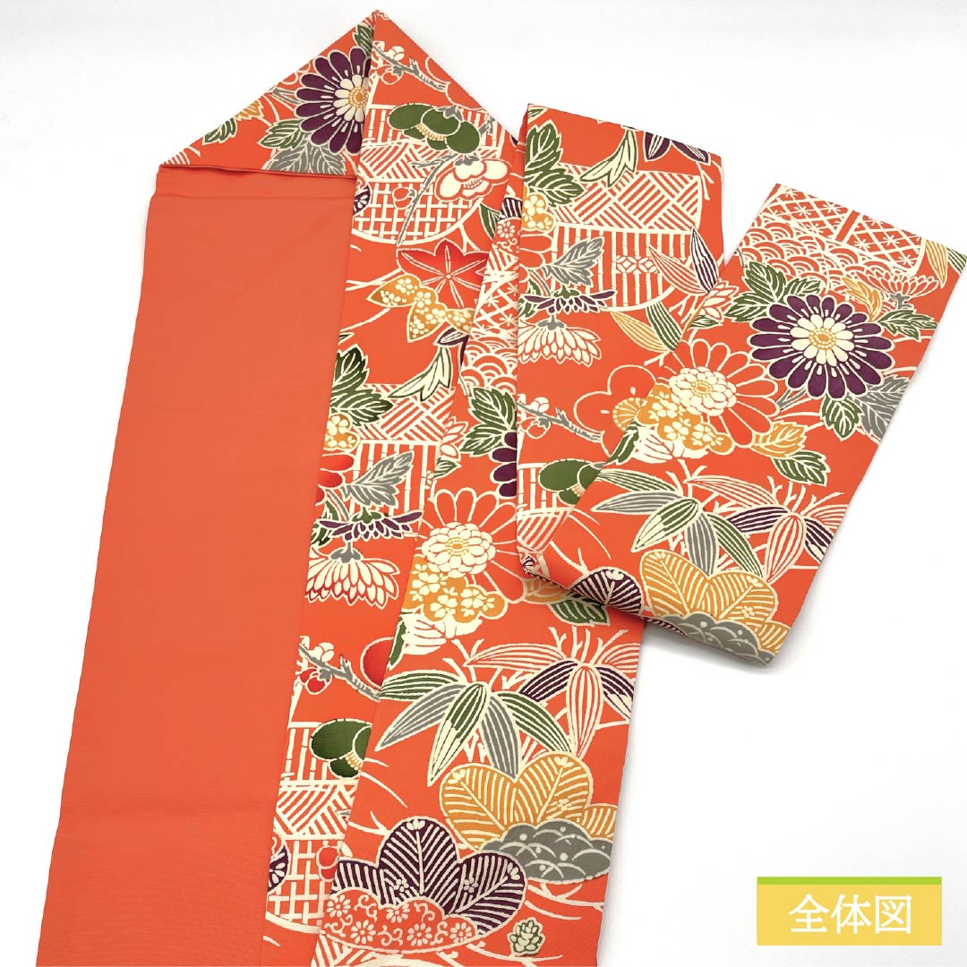 Nagoya obi, coral color, Kyoto Bingata, pine, bamboo, plum, Seigaiha, obi length 370cm, pure silk, A rank, full length, casual, orange, 1124006653326, Nagoya style
