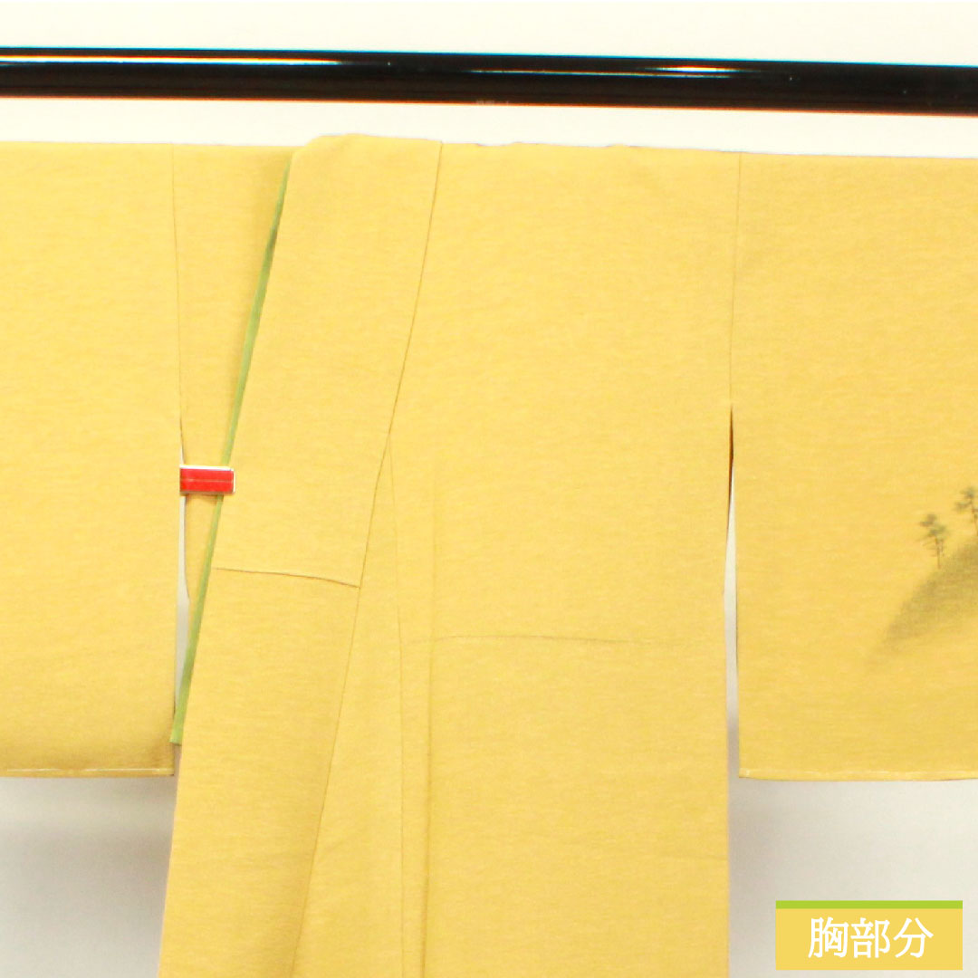 Homongi, pure silk, lined, length 167cm, sleeve length 64cm, plum color, landscape pattern, artist's work, basting thread included, unused, S rank, yellow, 1112003382523