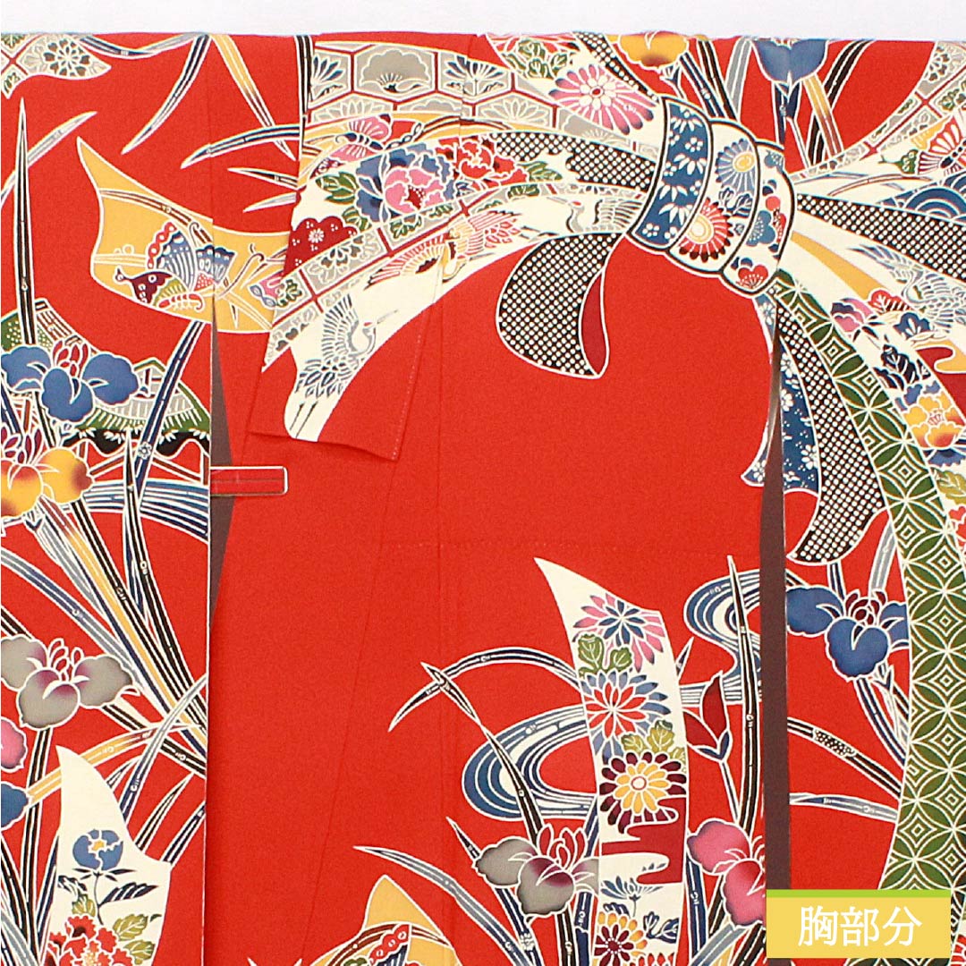 Furisode (long-sleeved kimono) made of pure silk, S-rank, length 166cm, sleeve length 67cm, lined, red, Kyoto Bingata pattern, with a bundled noshi (gift tag) and red crepe fabric, product number 1113002412512