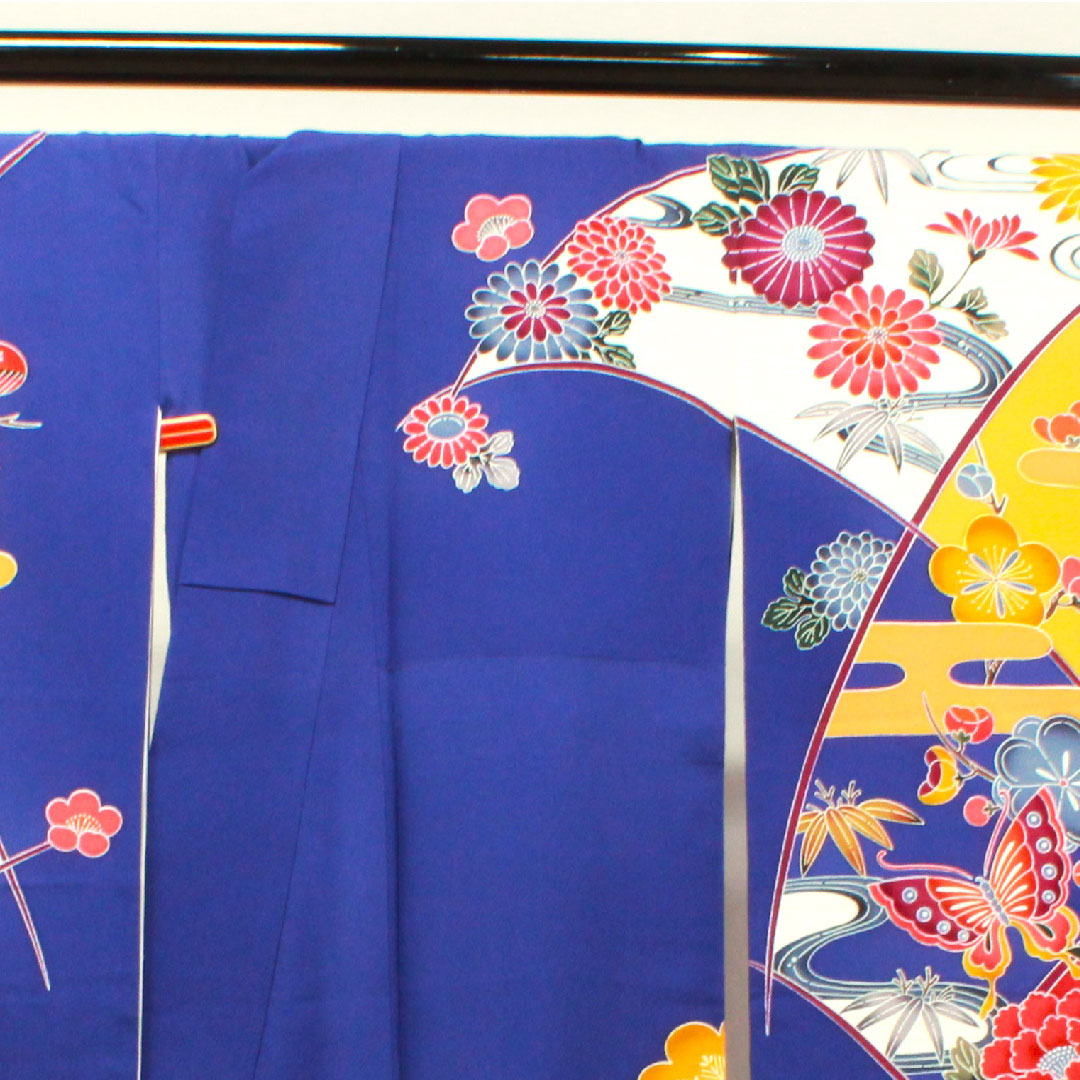 振袖 身丈159cm 裄丈67cm 袷 桔梗色 京紅型 吉祥文様 正絹 Aランク 紺系 1113001703318