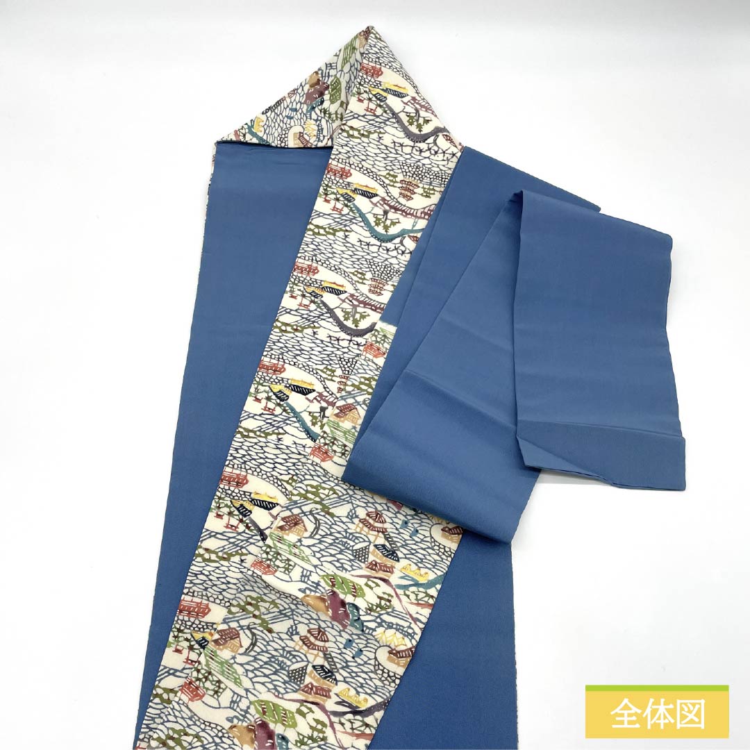 Nagoya Obi, Pure Silk, Grade A, Natural Color (Kinari-iro), Stencil Dyed with Bingata-inspired Landscape Pattern, Length 371cm, Six-fold, Casual, Cream-toned, Product Number 1124010593315, Nagoya Style