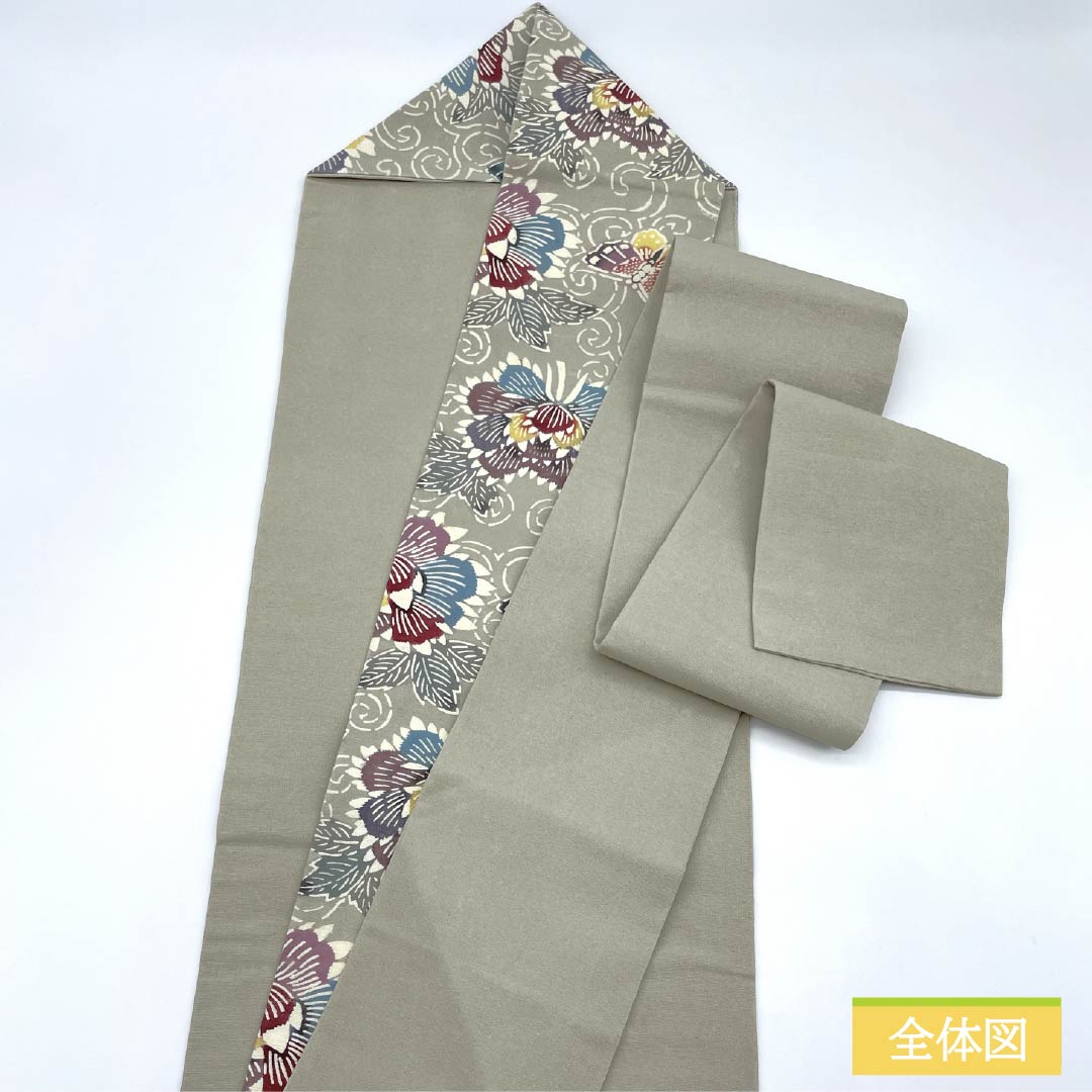 Nagoya Obi, Pure Silk, Grade B, Silk Gray, Bingata-style Stencil Dyeing, Peony Design, Length 347cm, Six-fold, Casual, Gray, Product Number 1124010484322, Nagoya Style