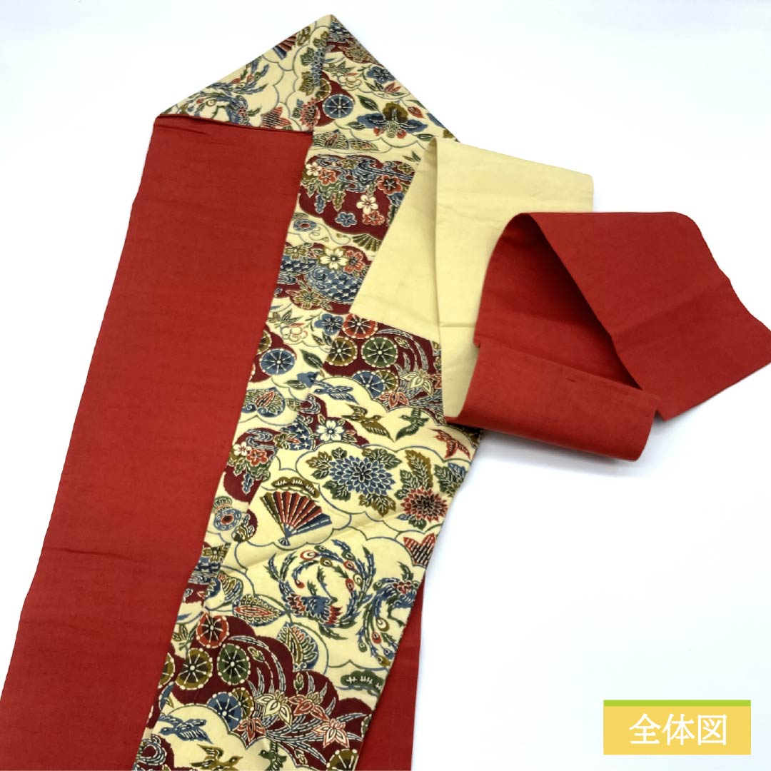 Nagoya obi, Geo-iro, Kyoto Bingata, Cloud pattern, Flower pattern, Length 348cm, Pure silk, S rank, Six-pass, Casual, Cream color, 1124007642315, Nagoya style