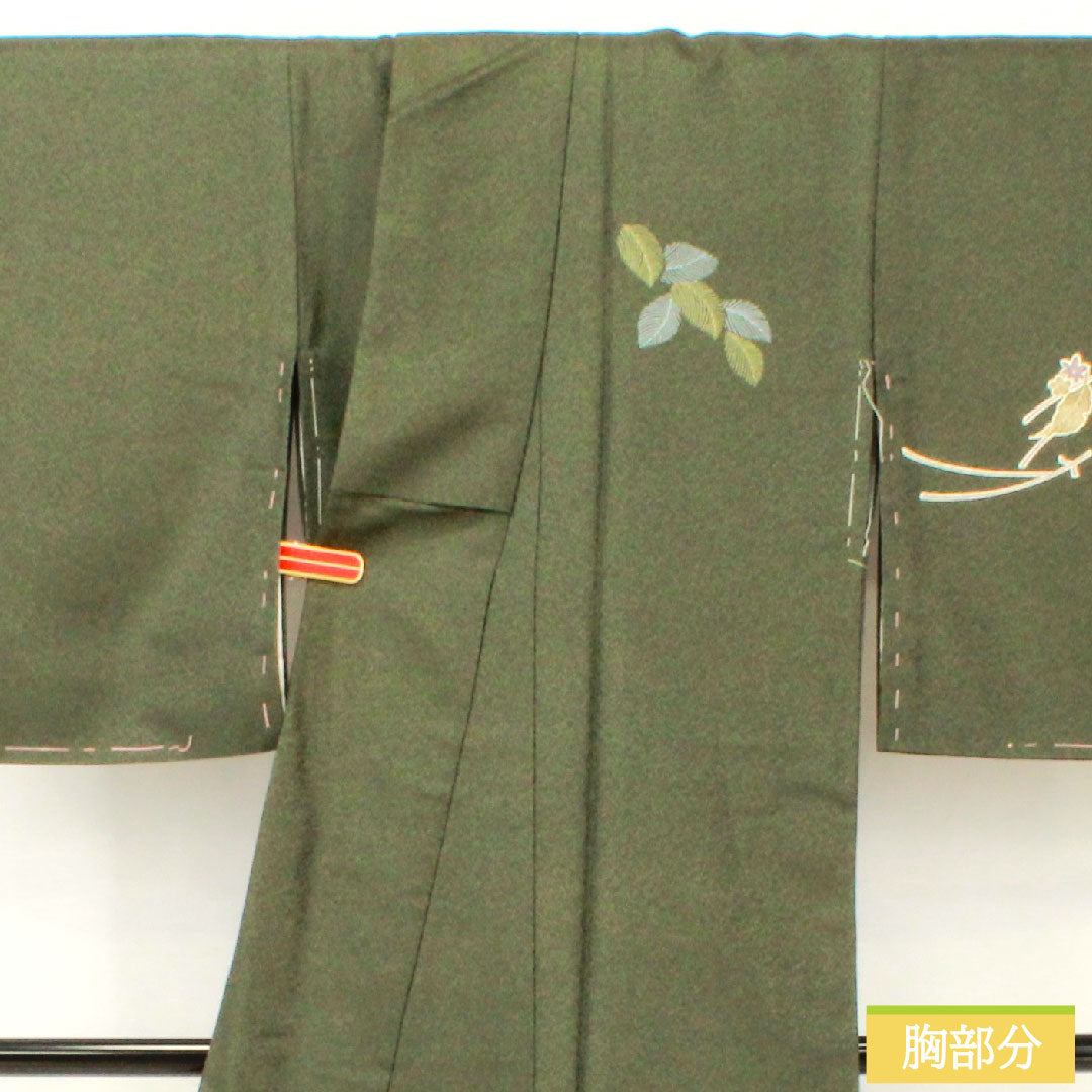 Homongi (formal kimono) made of polyester, lined, length 165cm, sleeve length 63cm, indigo sea pine brown, washable kimono, Matsuba, A rank, green, 1112005843519