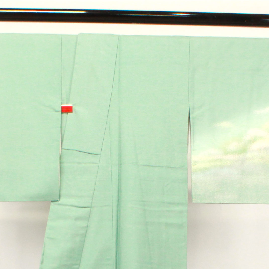 Homongi, pure silk, lined, length 161cm, sleeve length 62.5cm, bean blue, Ushiku Tsumugi, abstract pattern, A rank, green, 1112003263419