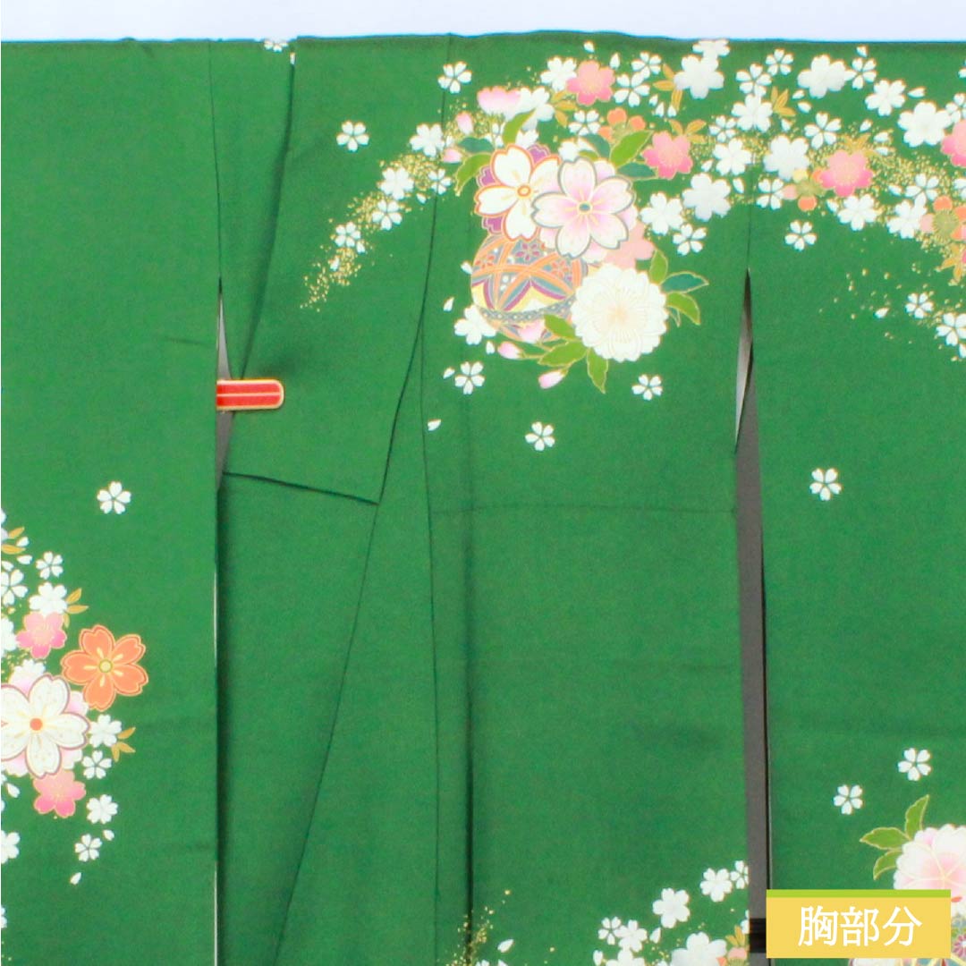Furisode Kimono (S-Rank) - Pure Silk, S-Rank, Length 153cm, Sleeve Length 62.5cm, Lined, Green-Brown, Kyoto Yuzen Print, Cherry Blossom and Floral Design, Pearl Tone Finish, Green, Product Number: 1113002142219