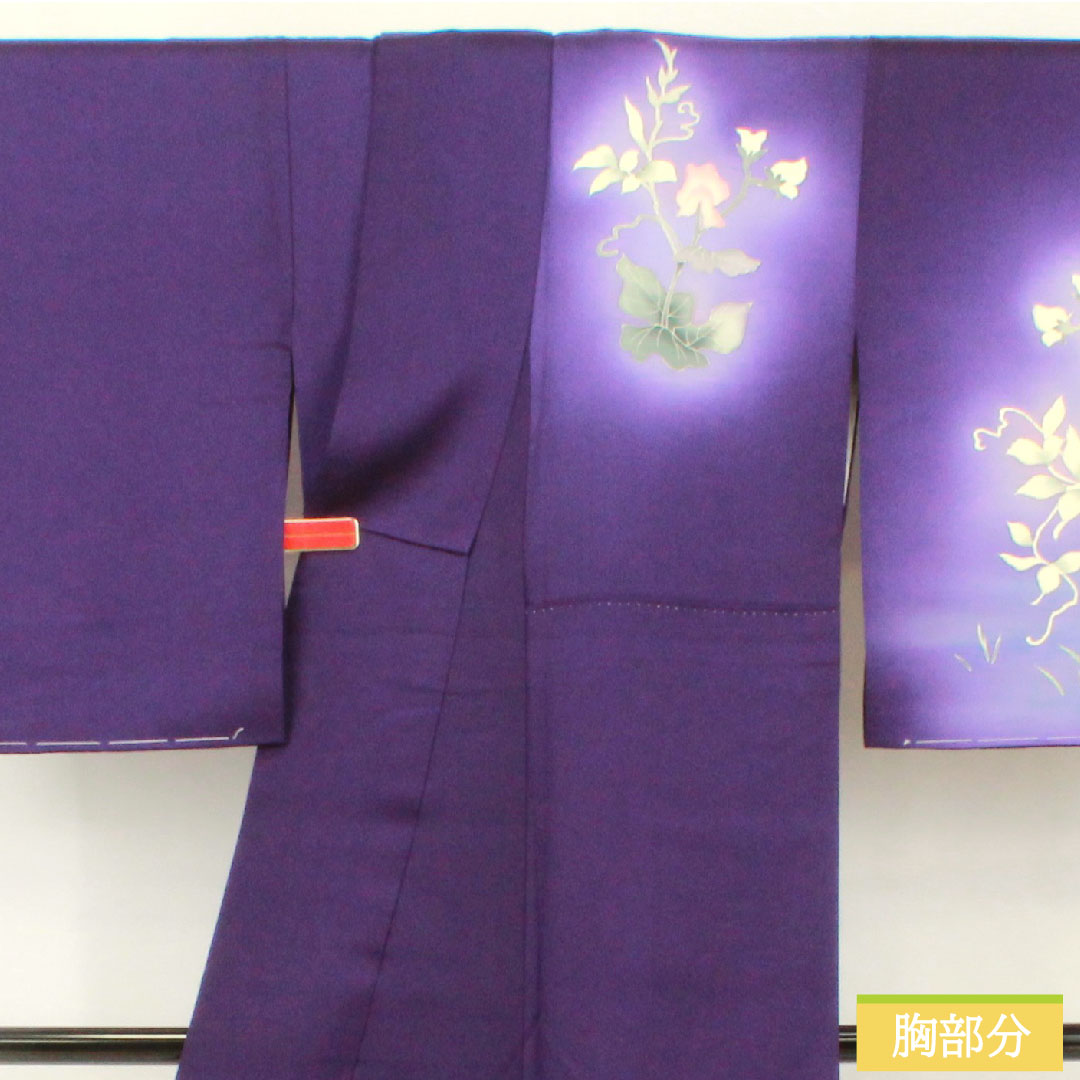 Homongi (formal kimono) made of pure silk, lined, length 160cm, sleeve length 62.5cm, violet, Kyoto Yuzen, floral pattern, A rank, purple, 1112005323420