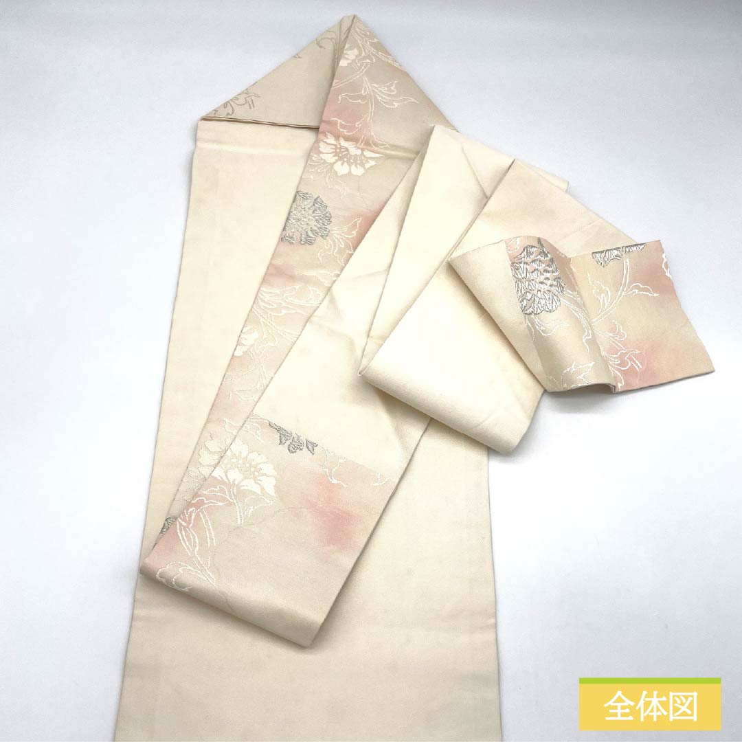 名古屋帯 正絹 Sランク 白練色(しろねりいろ) 洋花 帯丈353cm 六通 セミフォーマル 白系 1124009532311 名古屋仕立て