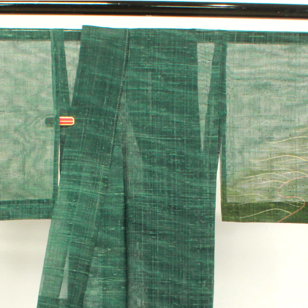 Summer pure silk formal kimono, length 160cm, sleeve length 65cm, dark green, abstract pattern, pongee fabric, S rank, green 1132000572419