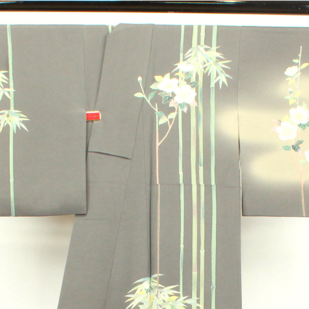 Homongi, lined, length 160cm, sleeve length 63cm, plain grey, artist's work, Kaga plant dyeing, bamboo, plum, pure silk, A rank, grey, 1112002673422