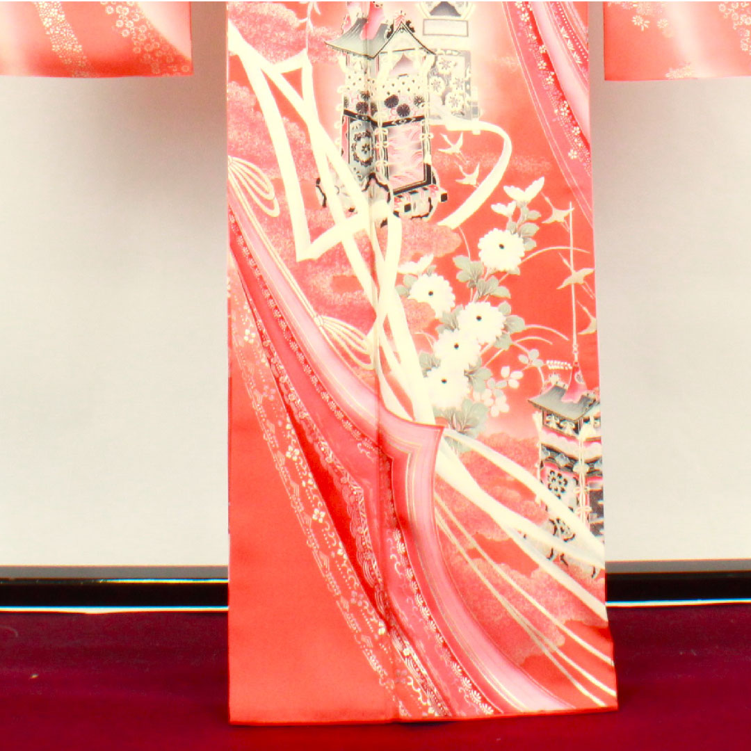 Long-sleeved kimono, length 166cm, sleeve length 63cm, lined, medium red, spear, floral pattern, pure silk, A rank, vermilion, 1113001463516