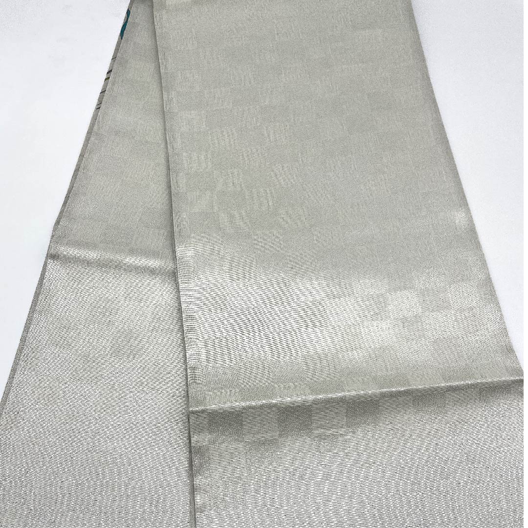 袋帯 薄鼠色(うすねずいろ) 抽象模様 染織作家 斉藤上太郎 帯丈458cm 正絹 Sランク ポイント柄 カジュアル グレー系 1123006832422