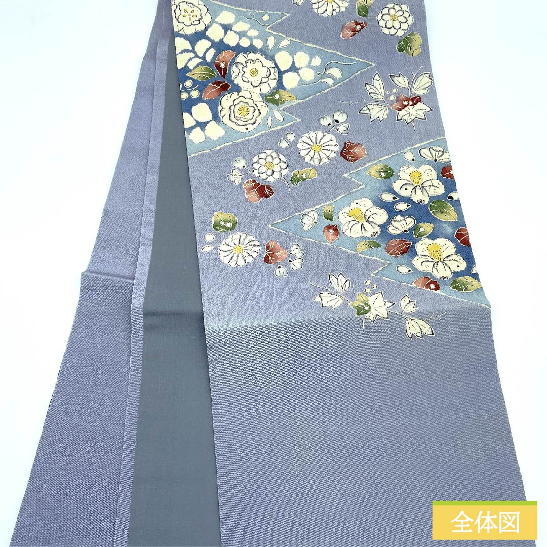 Nagoya obi, blue and gray, Tsujigahana, Matsukawabishi, crepe, obi length 364cm, pure silk, A rank, point pattern, casual, blue, 1124006223317, open style