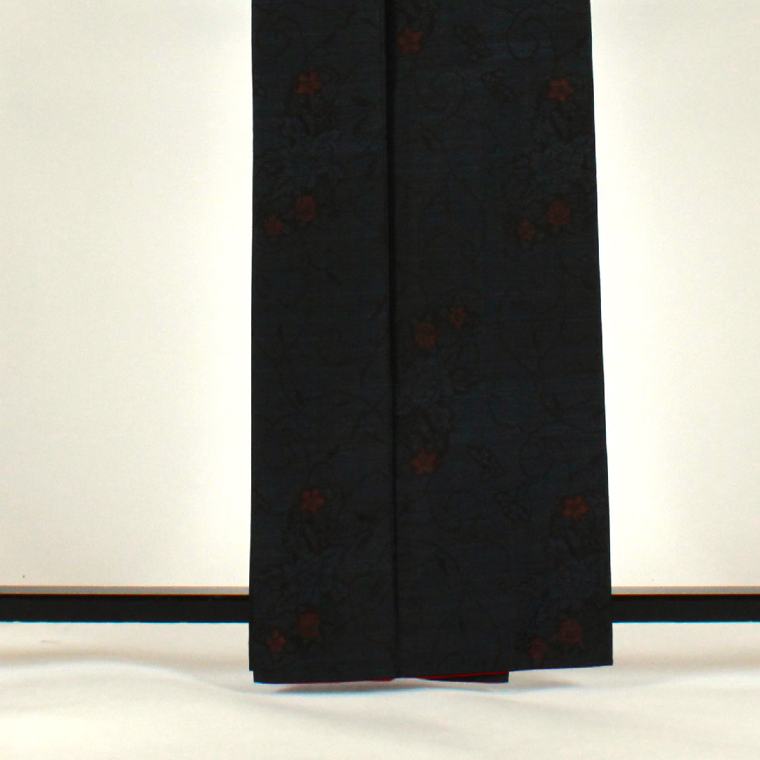 Oshima Tsumugi, Length 163.5cm, Sleeve length 67cm, Weft ikat, Floral pattern, Pure silk, S rank, Lined, Navy blue, 1116001142318