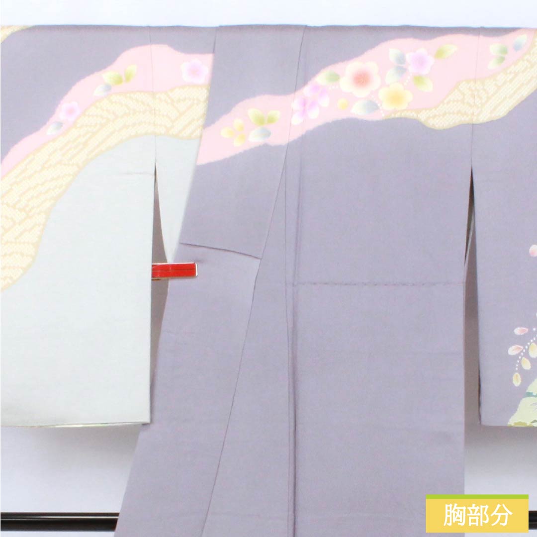 Visiting Kimono, Pure Silk, S Rank, Lined, Length 155cm, Sleeve Length 66cm, Light Gray (Usunezuiro) and Noble Gray (Kizoku Nezuiro) with Kyoto Yuzen Pattern and Floral Design, Gray Tones, Product Number: 1112006312322