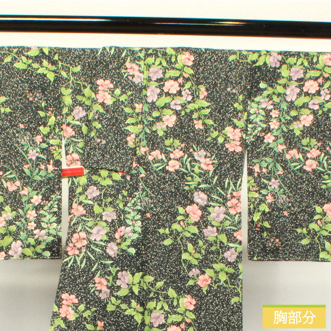 小紋 ポリエステル 身丈166cm 裄丈67cm 袷 洗える着物 草花模様 タタキ染 しつけ糸付き Sランク 黒系 1115003982510