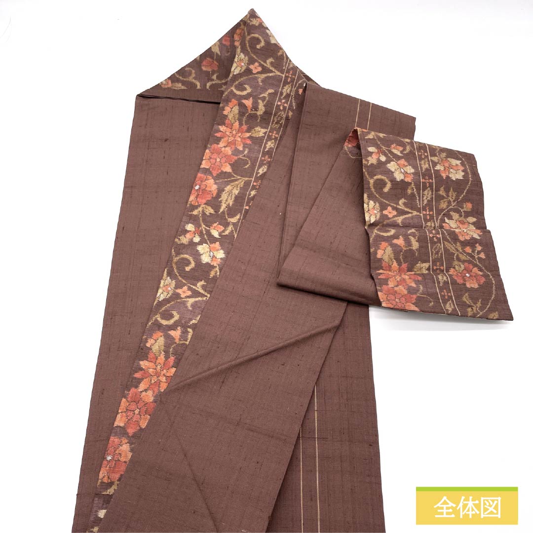 名古屋帯 正絹 Sランク 紅檜皮色(べにひわだいろ) 更紗文様 紬地 帯丈362cm 六通 カジュアル 茶系 1124009342314 名古屋仕立て