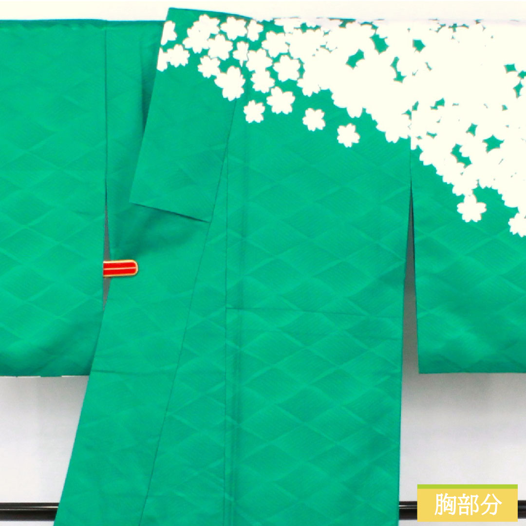 Homongi (formal kimono) made of polyester, lined, length 159cm, sleeve length 62cm, peacock green, washable kimono, cherry blossom, S rank, green, 1112005372319