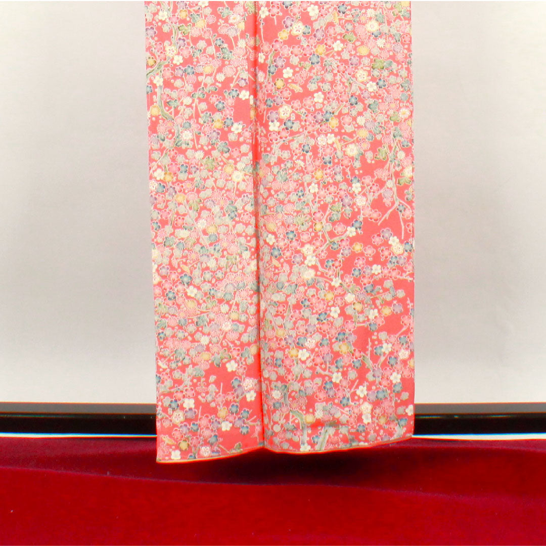 小紋 身丈158cm 裄丈65.5cm 袷 中紅色 型染 草花模様 正絹 Aランク ピンク系 1115002373313