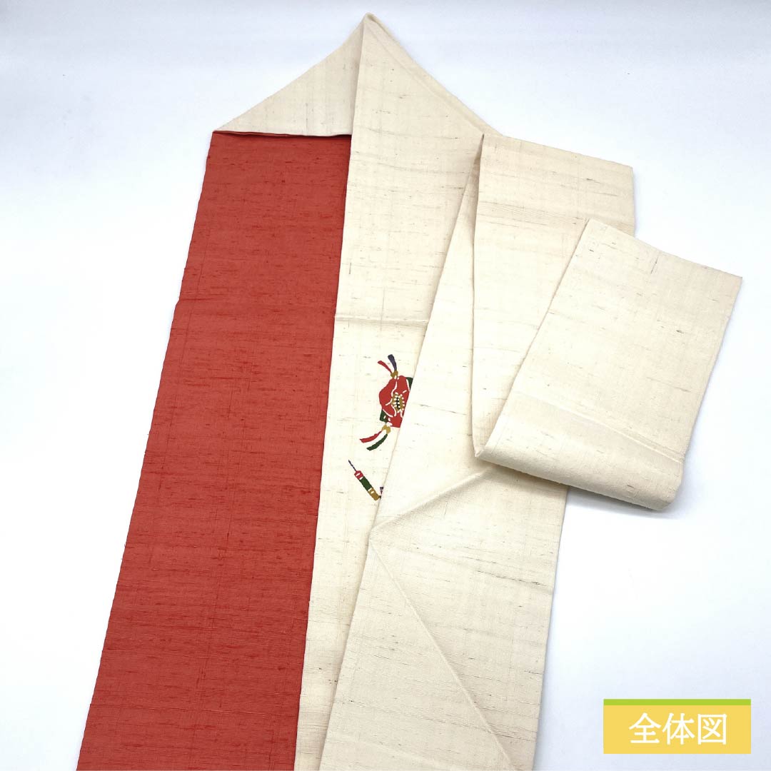 名古屋帯 生成り色(きなりいろ) 京紅型 民芸調模様 花模様 帯丈358cm 正絹 Aランク ポイント柄 カジュアル クリーム系 1124006583315 名古屋仕立て