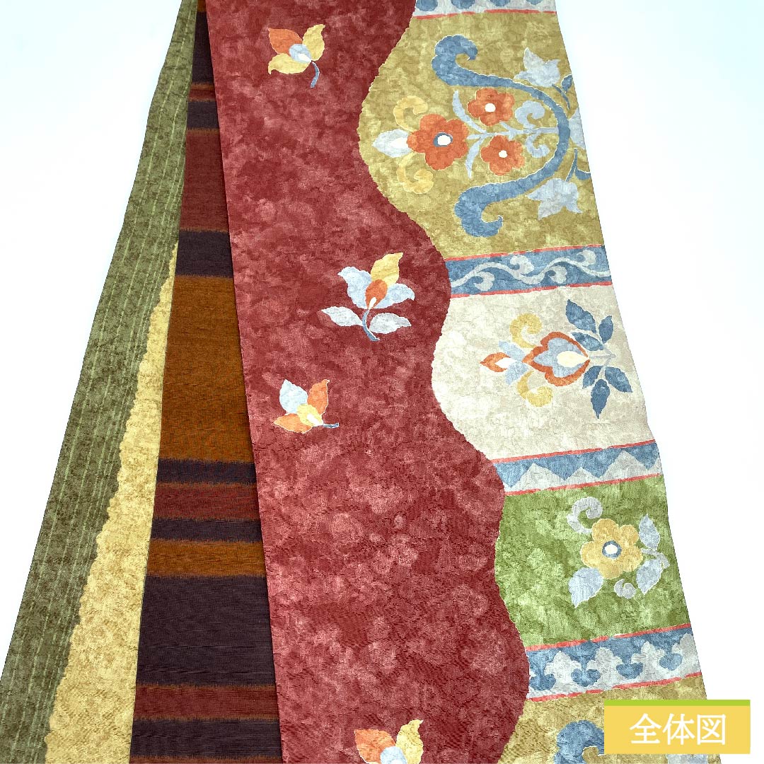 Nagoya obi, Kyoto bag obi, oxblood red, Kyoto bag obi, horizontal stripes, Chinese flowers, staggered stripes, obi length 374cm, pure silk, S rank, six-pass, casual, vermilion, 1124005912316, open style