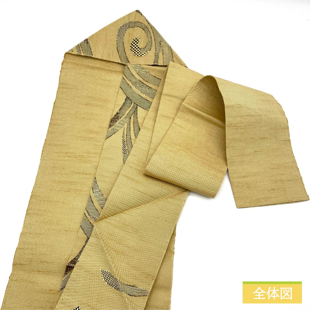 Nagoya obi, straw color, abstract pattern, obi length 361cm, polyester, S rank, six-pass, casual, yellow, 1124007562323, Nagoya style