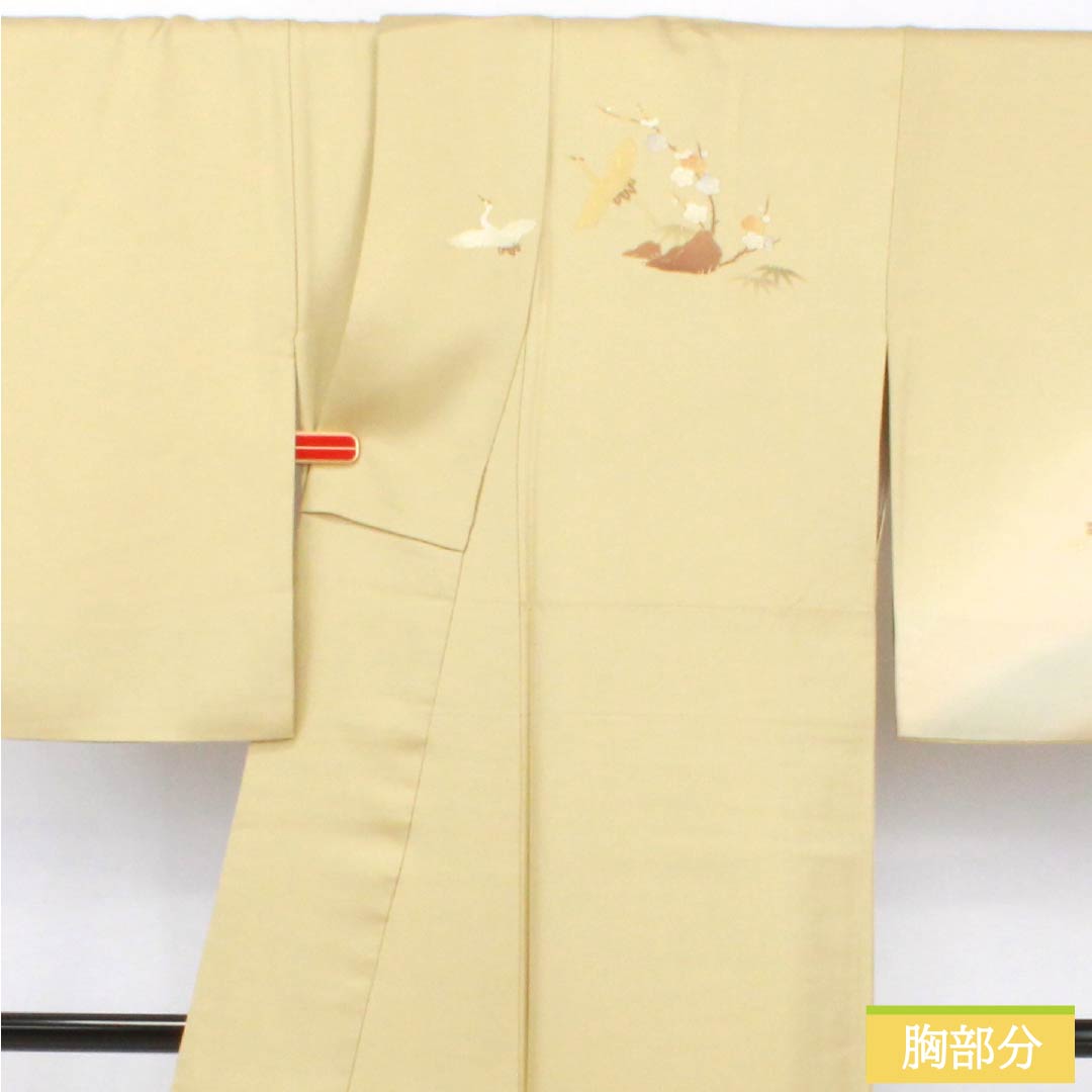 Visiting Kimono, Pure Silk, Rank B, Lined, Length 165.5cm, Sleeve Length 67cm, Pale Yellowish Brown, Gold Accents, Flowing Water and Crane Design, Yellowish Color, Product Number: 1112006904523