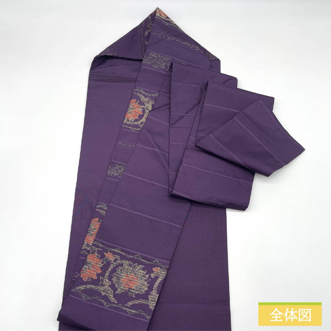 Nagoya Obi, Eggplant Navy Blue (Nasukon Iro), Puffed Weave, Chinese Flower Pattern, Length 354cm, Pure Silk, S Rank, Six-Ply, Semi-Formal, Purple, Item Number 1124008872320, Nagoya Style