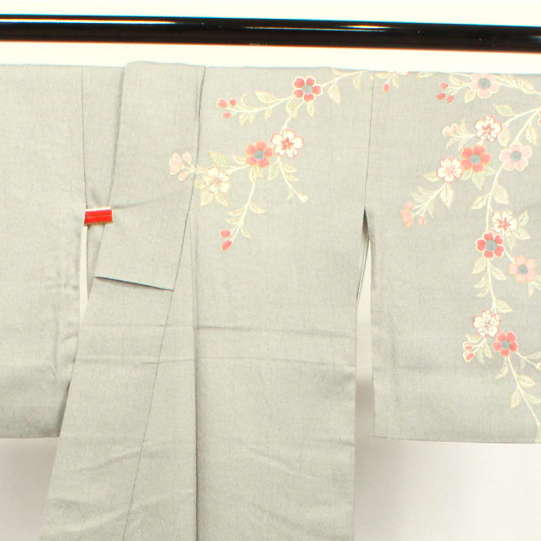 Homongi, pure silk, lined, length 166cm, sleeve length 66cm, mercury color, Kyo-Yuzen, Tsujigahana, S rank, gray, 1112003062522
