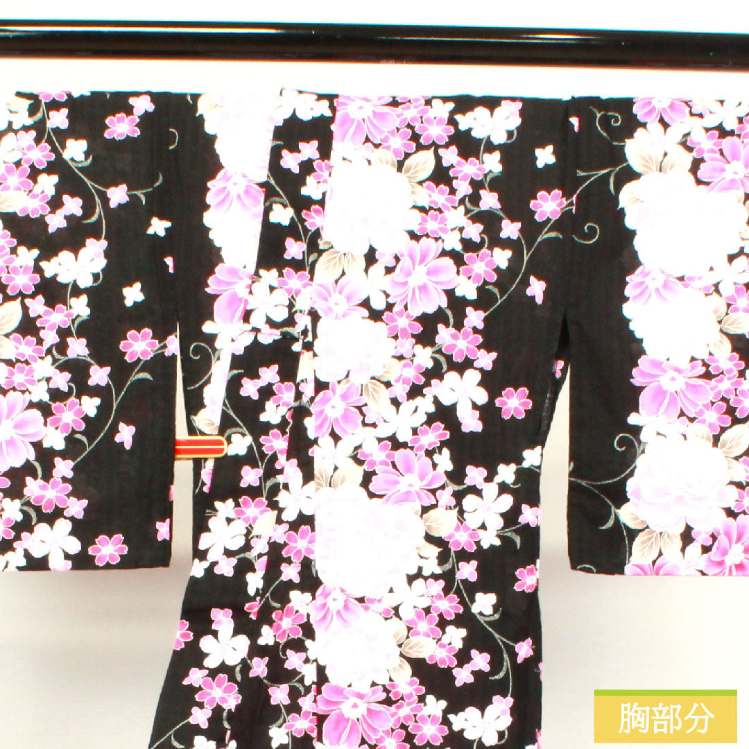 浴衣 木綿 身丈165.5cm 裄丈64.5cm Sランク 単衣 黒系 薔薇 桜 1118004512510